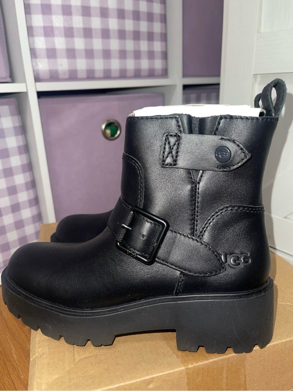 UGG Black Leather Lug Sole Buckle Ankle Boots